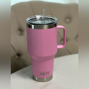 Yeti Pink Rambler Travel Mug with Handle and Clear Lid 35 oz